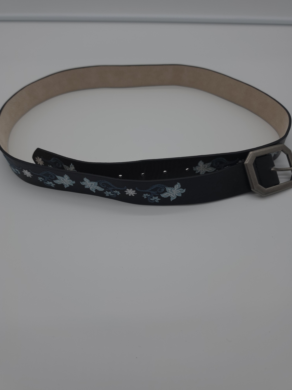 Black Floral Embroidered Belt with Hexagonal Buckle
